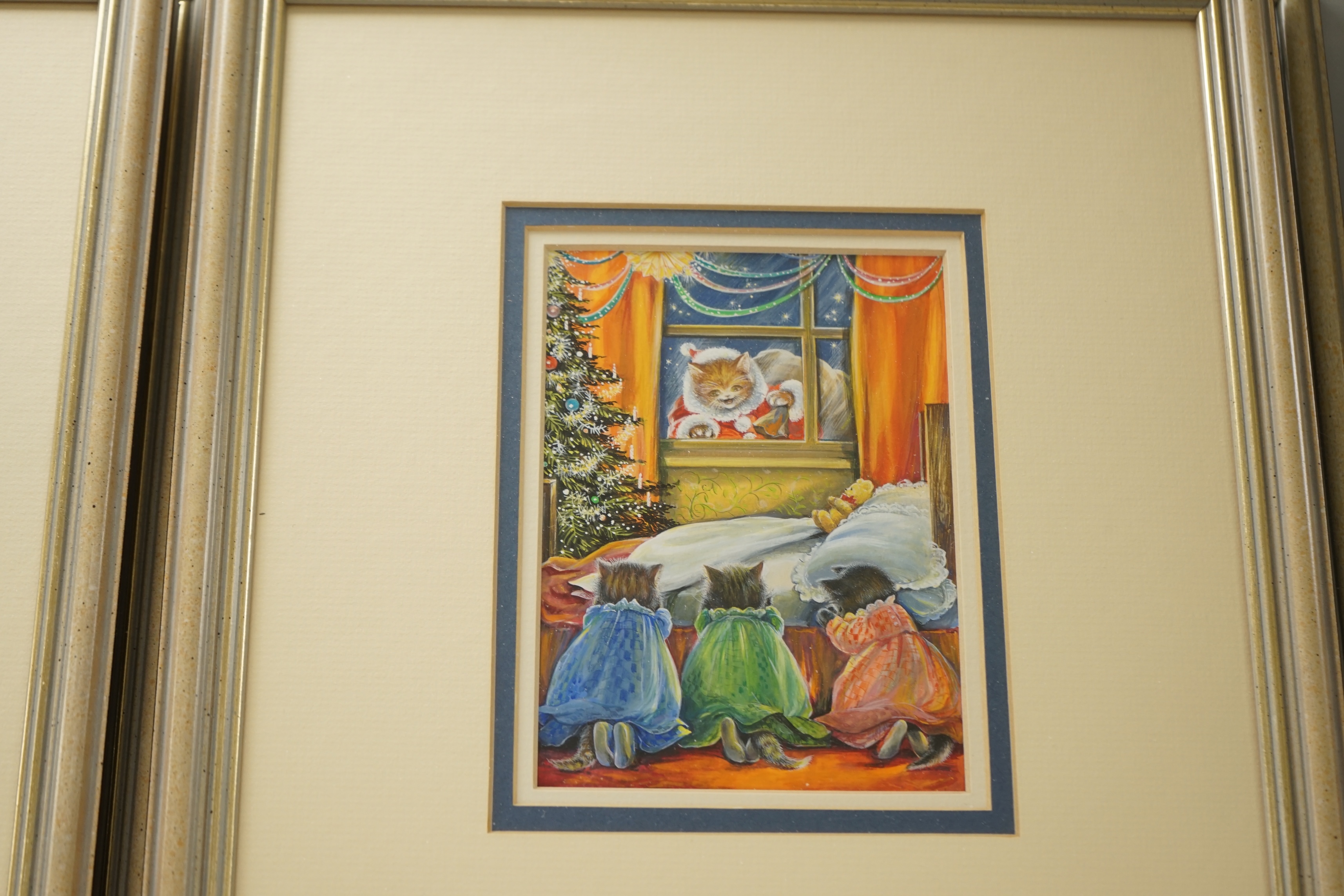 Margaret Pamela Colebourn (1913-2000), set of four watercolour and gouaches, 'The Cat’s Christmas', including Sledge ride with presents and Christmas Eve prayers, E.Stacey -Marks inscribed labels verso, largest 14 x 10.5